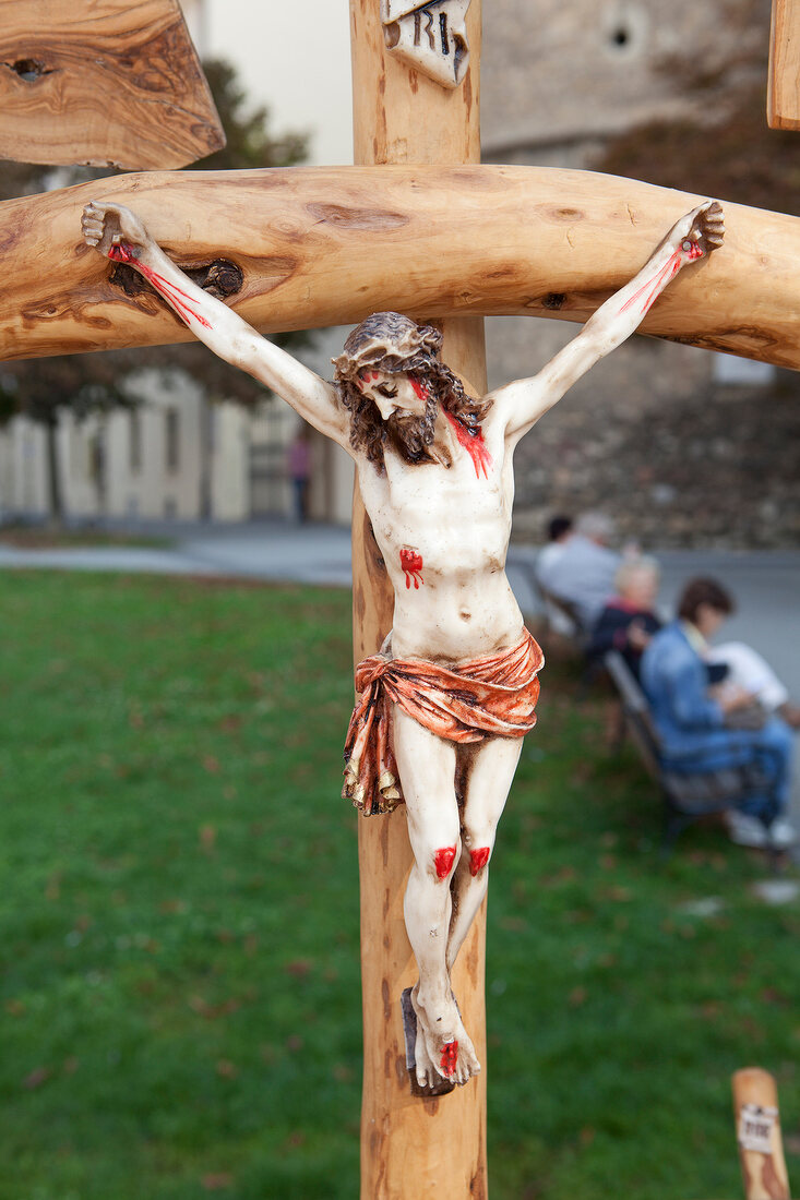 Close-up of crucifix in park, Zagreb, Croatia