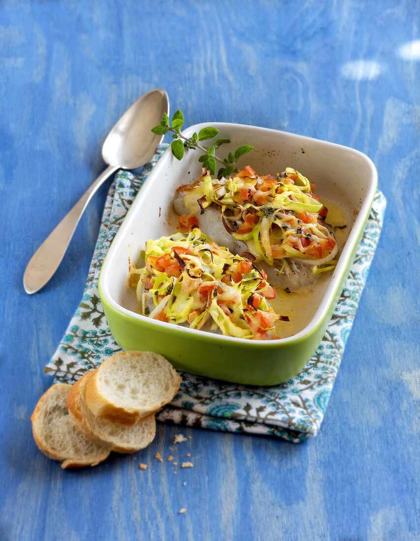 Leeks on pollock in casserole