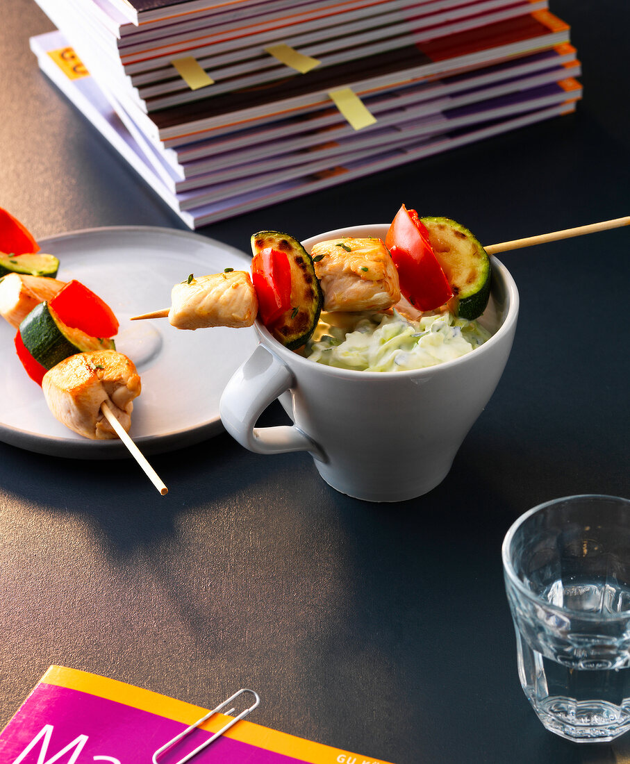 Chicken and vegetable skewers with tzatziki zucchini