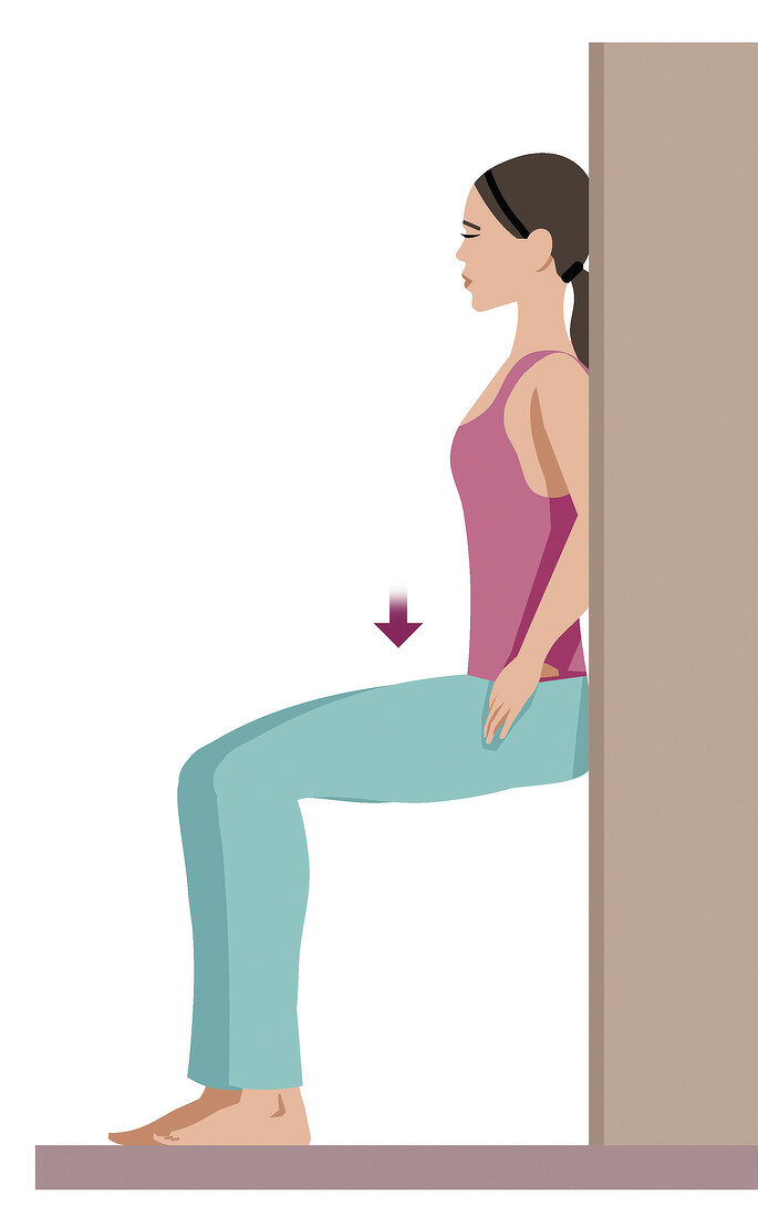 Illustration of woman squatting against wall