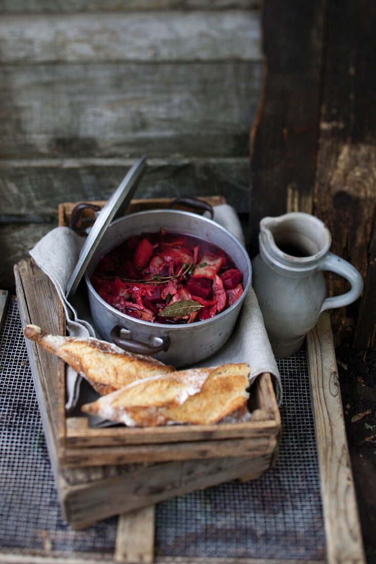 Beetroot stew with duck and bread