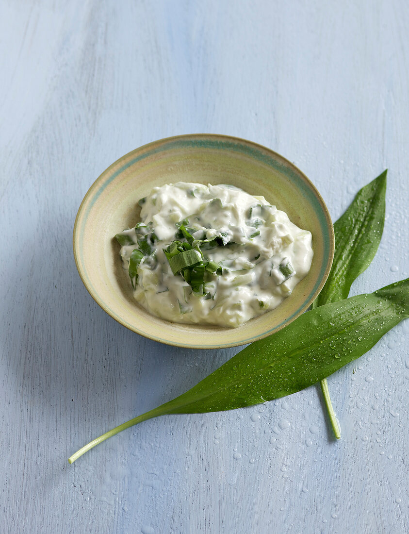 Wild garlic tzatziki in bowl