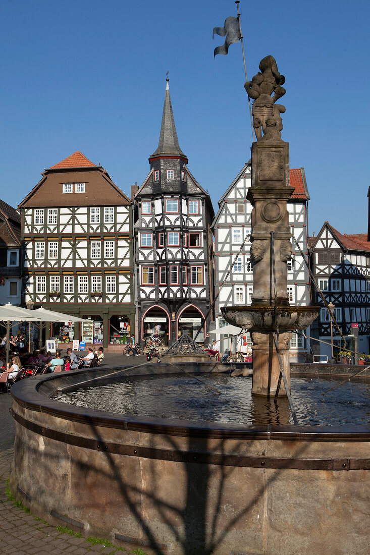 View of Guild House, Roland Fountain and marketplace of Fritzlar, Hesse, Germany