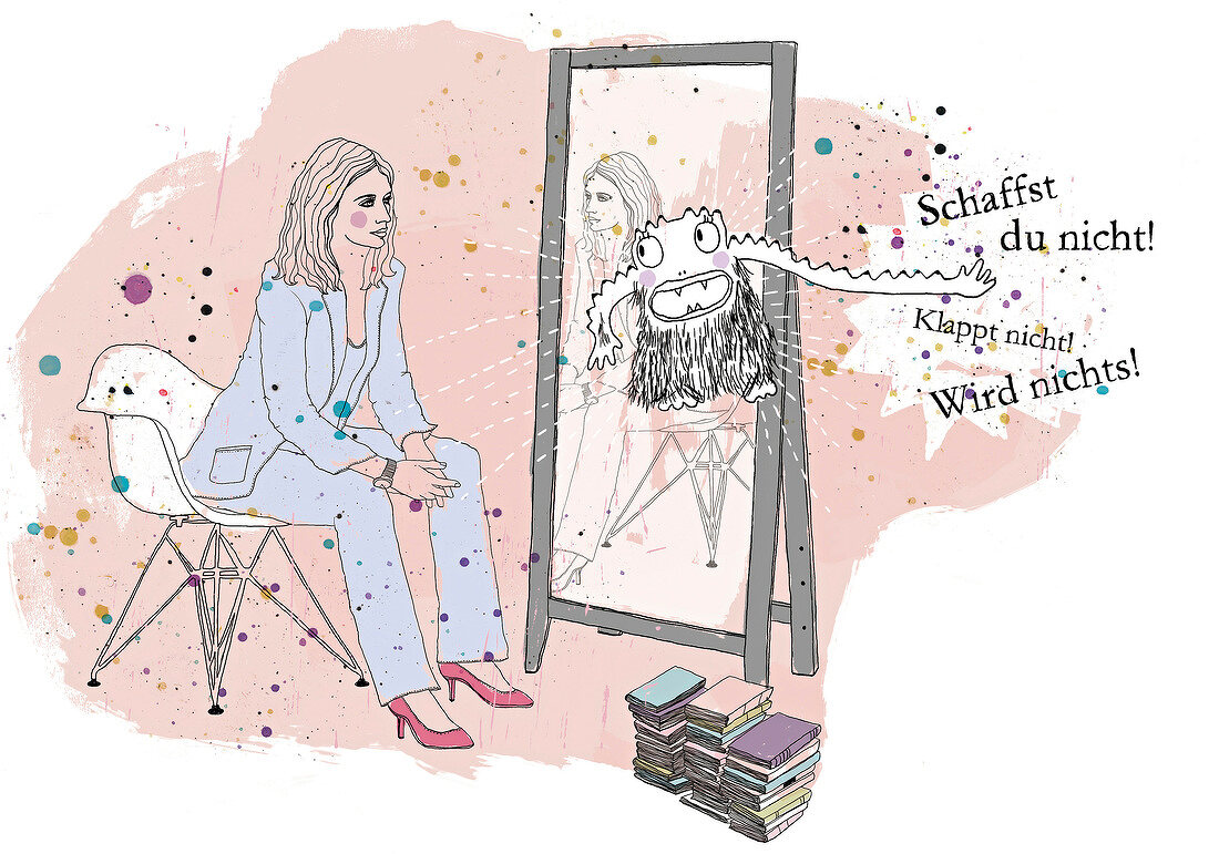 Illustration of woman sitting on chair looking at the monster popping out of the mirror
