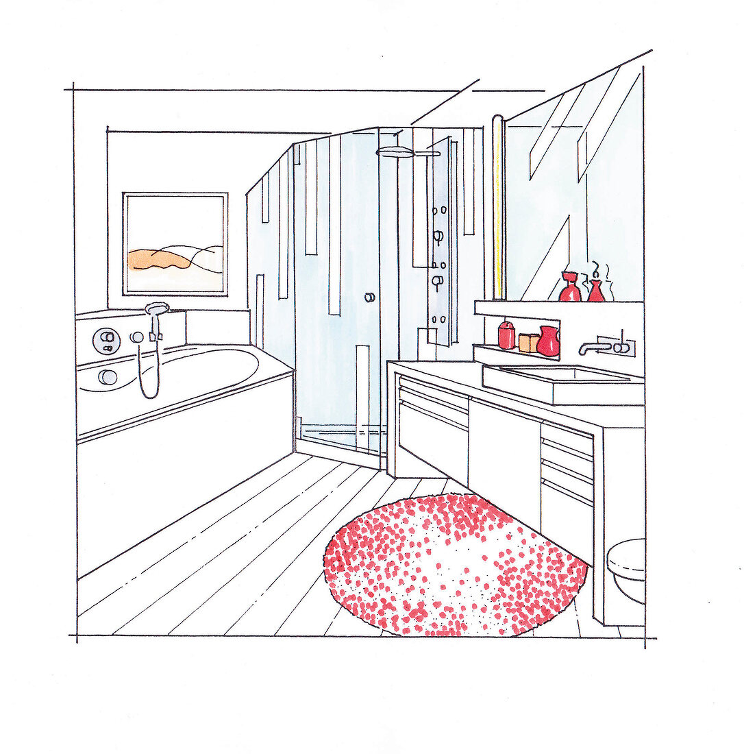 Illustration, Standardbad mit Eckwanne und Dusche