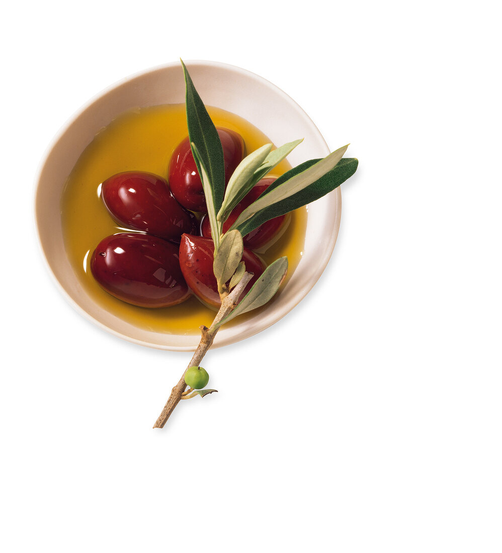 Bowl with olive oil and leaf on white background