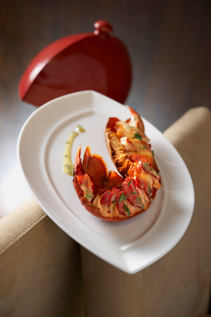 Close-up of lobster on tray, Hotel Gulf Legend Gleneagles, Scotland