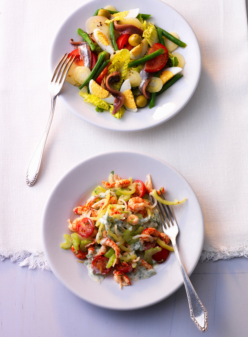 Colourful crayfish salad and anchovies salad on plate