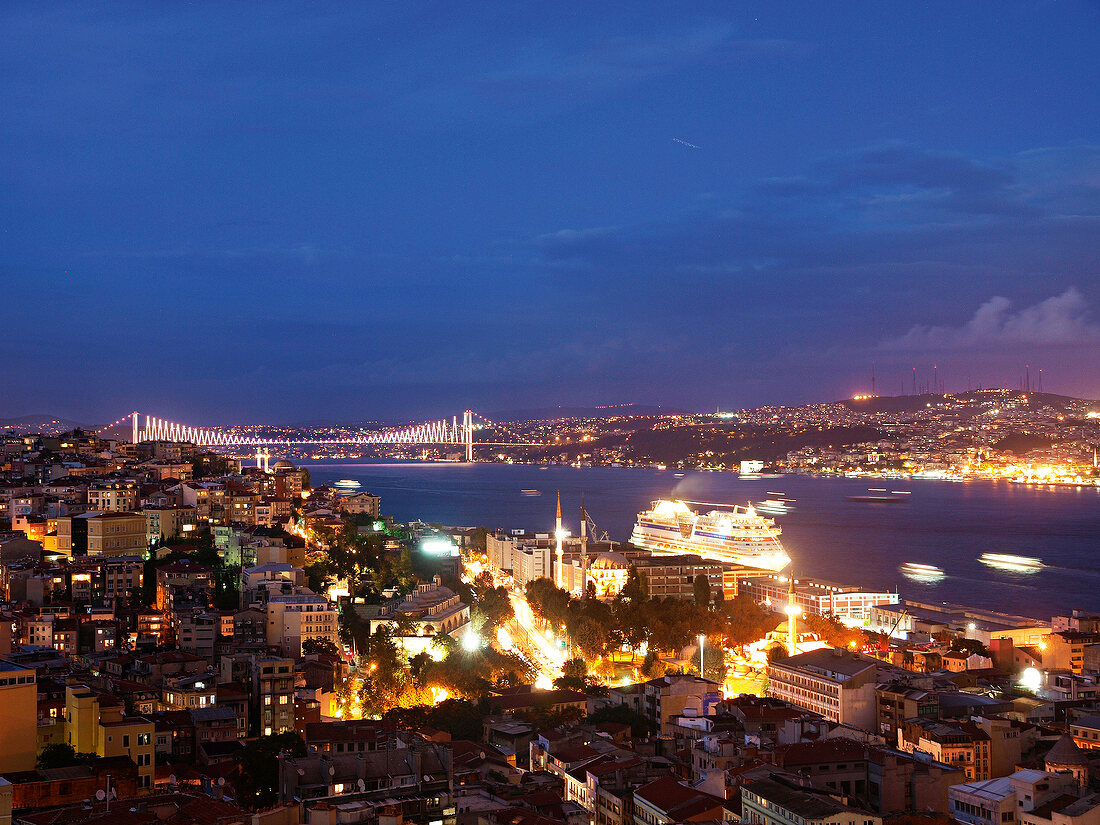 View of cityscape and Bosphorus Bridge at night, Istanbul, Turkey
