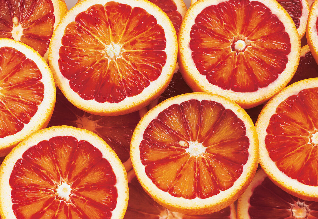 Close-up of halved blood oranges