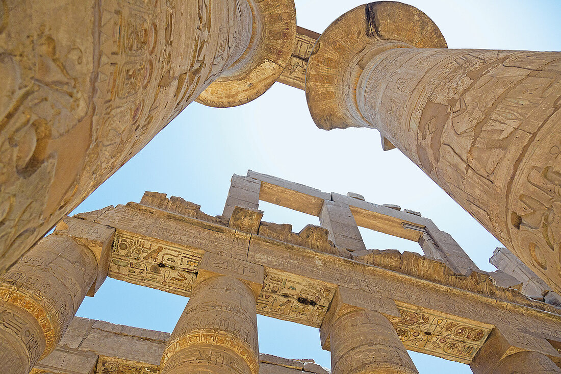 People standing at the Great Hypostyle Hall of Temple Karnak near Luxor, Egypt