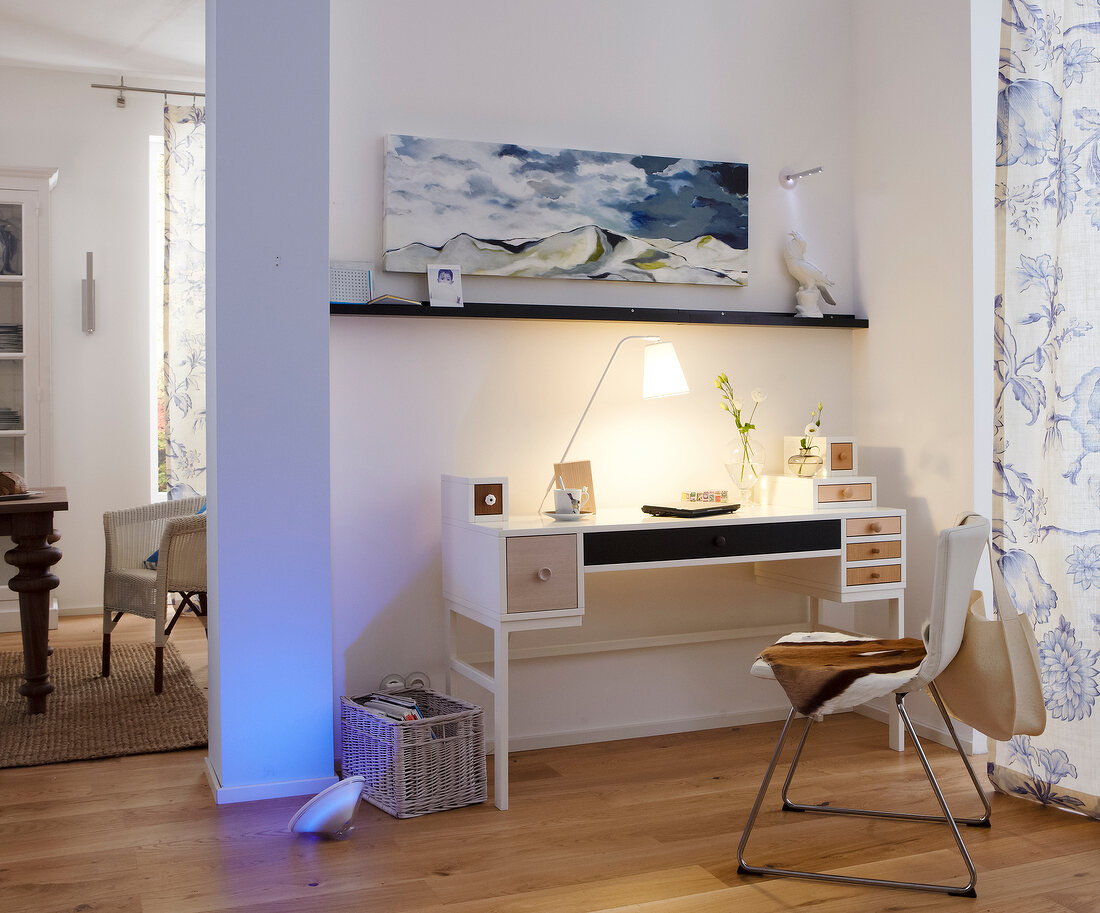 Desk with drawer, chair, lamp and shelf