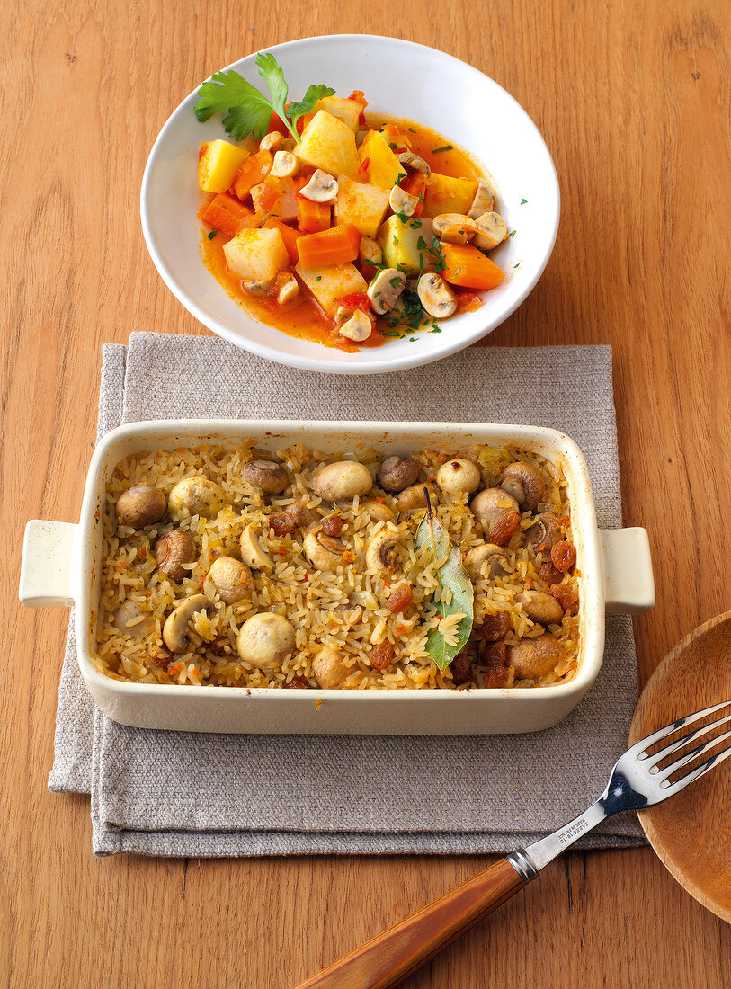 Turkish pilaf with vegetable stew in serving dish
