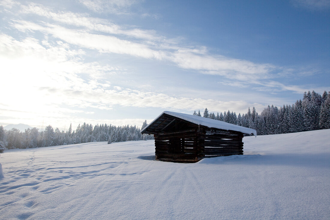 View of winter landscape and hut with snow capped roof at Norway