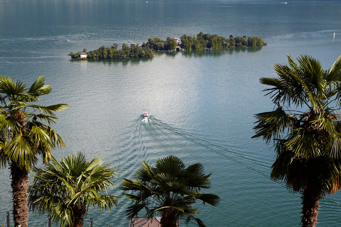 Blick auf die Brissago-Inseln im Lago Maggiore, Tessin, Schweiz