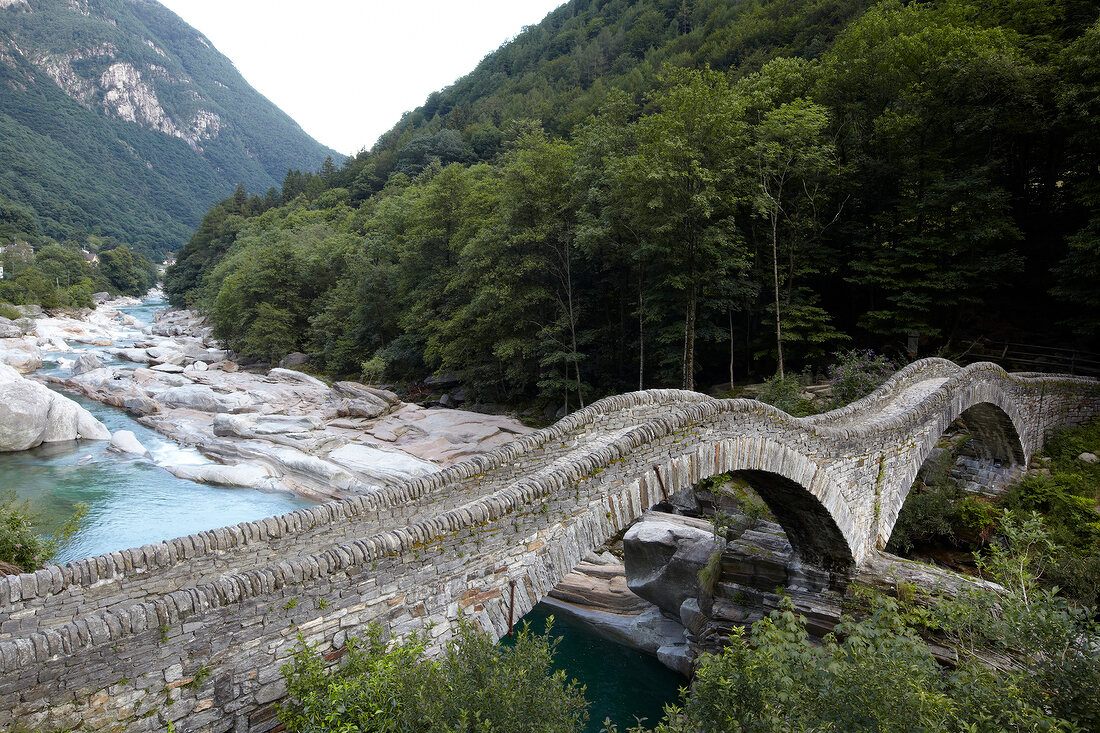View of Bridge in the village of Lavertezzo in the Verzasca Valley, Ticino, Switzerland