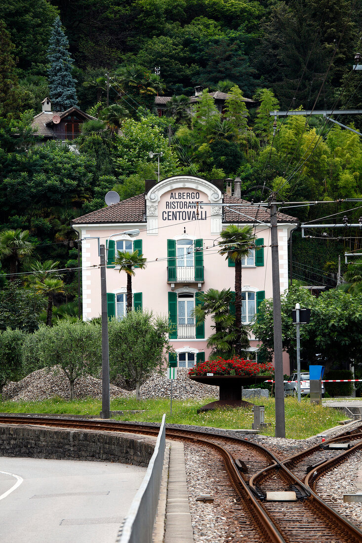 Railway tracks in front of Centovalli restaurant, Ponte Brolla, Locarno, Switzerland