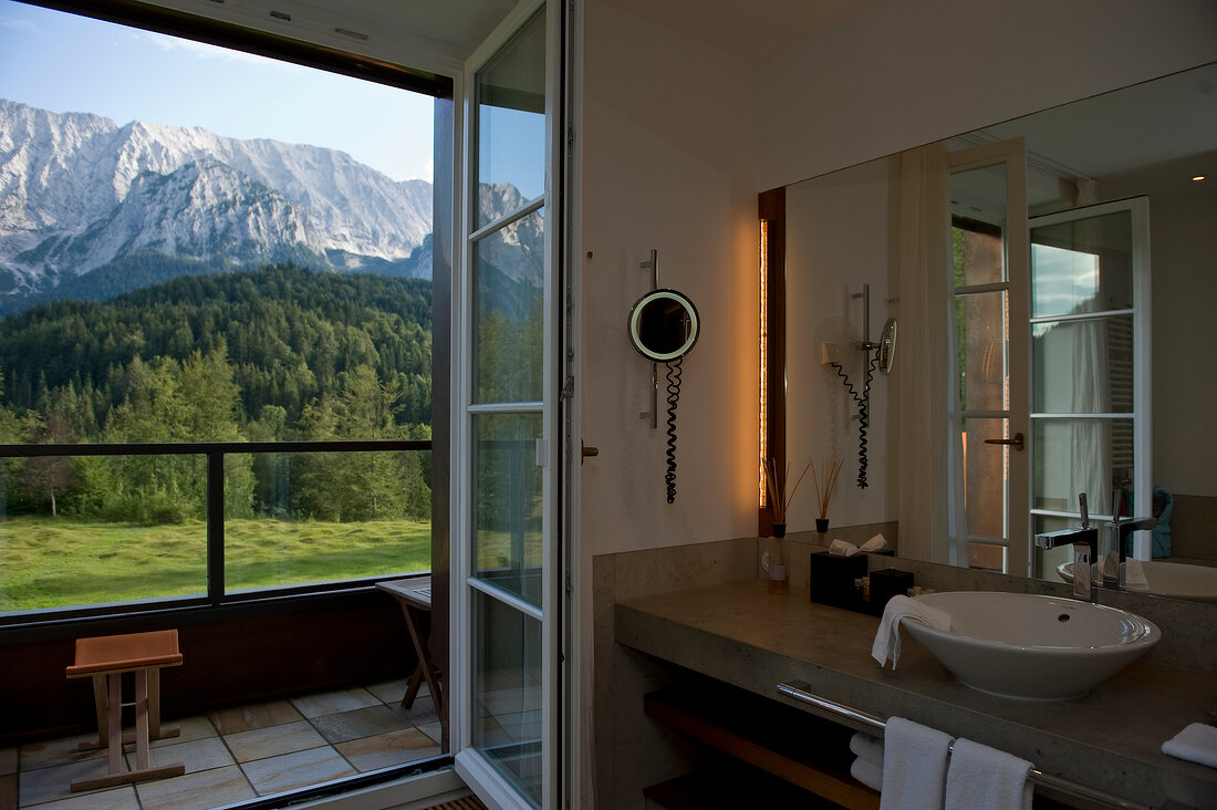 Room of Hotel Schloss Elmau overlooking view of mountains, Upper Bavaria, Germany
