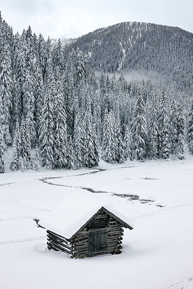 Winterküche, Holzhütte in verschneiter Landschaft, Voralpenland
