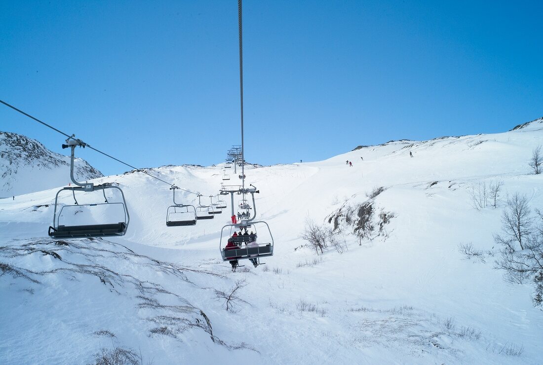 View of cable car through snow mountain at Hemsedal ski resort in Norway