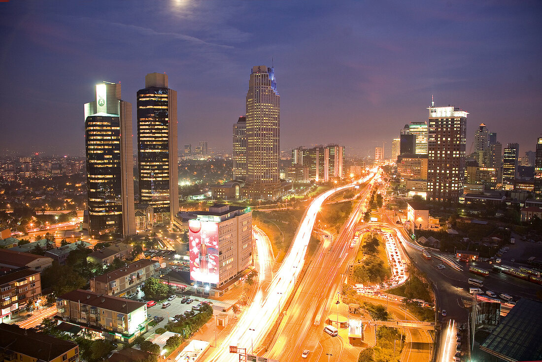 View of skyline of Levent and Buyukdere at night, Istanbul, Turkey