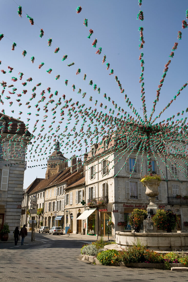 View of streets of Place de la Liberte in Arbois, Franche-Comte, France