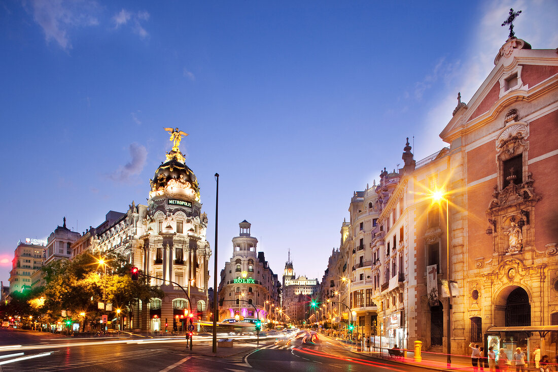 View of neoclassical houses at dusk, Madrid, Spain, long exposure