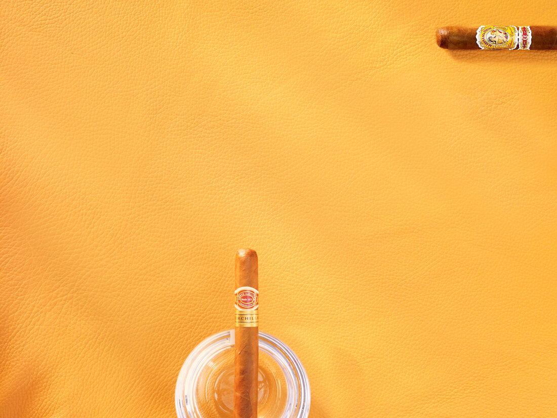 Cigar and ashtray on yellow background