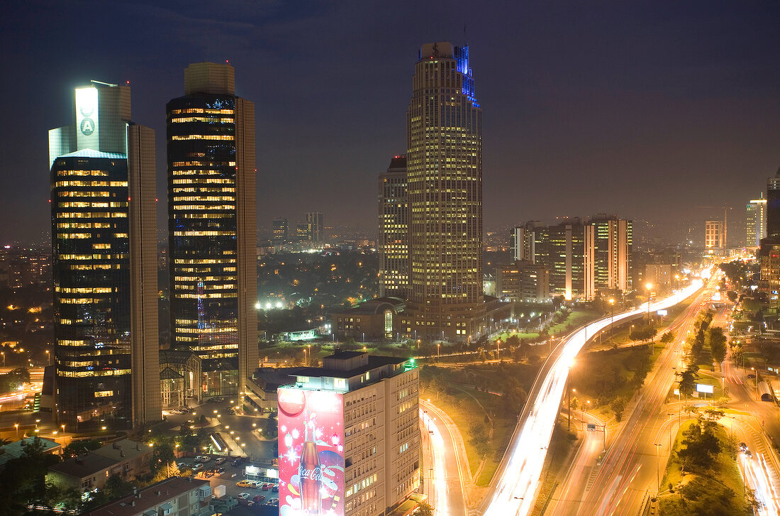 View of skyline of Levent and Buyukdere at night, Istanbul, Turkey