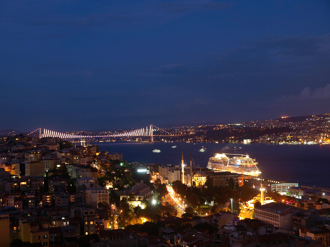 View of cityscape and Bosphorus Bridge at night, Istanbul, Turkey