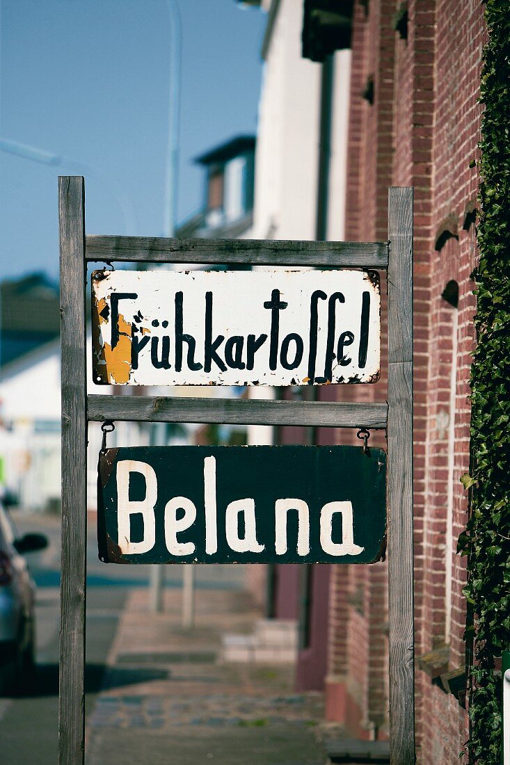 Schilder für Hofverkauf von Belana Frühkartoffeln