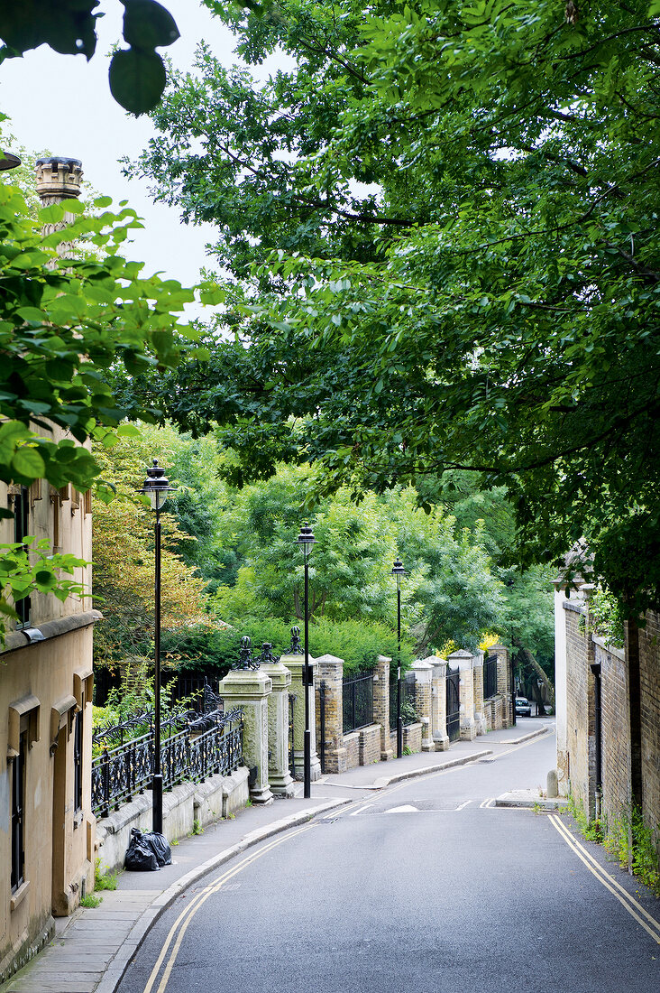 View of Swain's Lane Road near Highgate Cemetery, Camden, London, UK