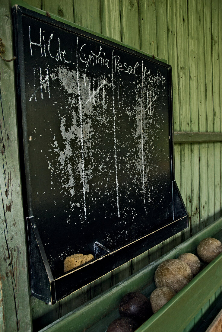 Black board on wall of bowling alley