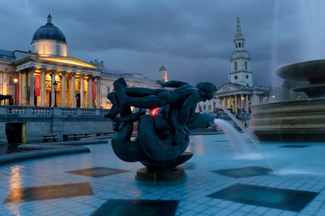 View of National Gallery at Trafalgar Square and St Martin-in-the-Fields, London, UK