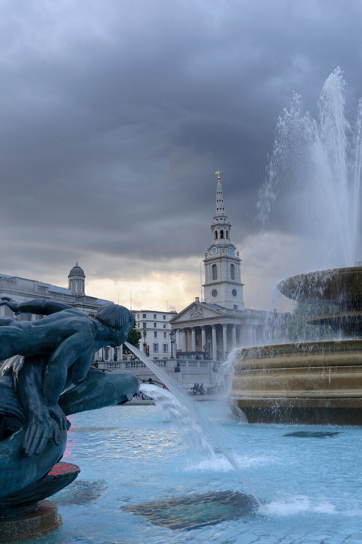 View of fountain at St Martin-in-the-Fields in Trafalgar Square, London