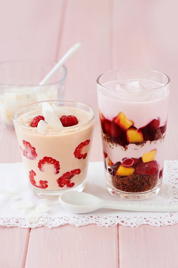 Tofu cream with raspberries, and tiramisu with cherries and peaches