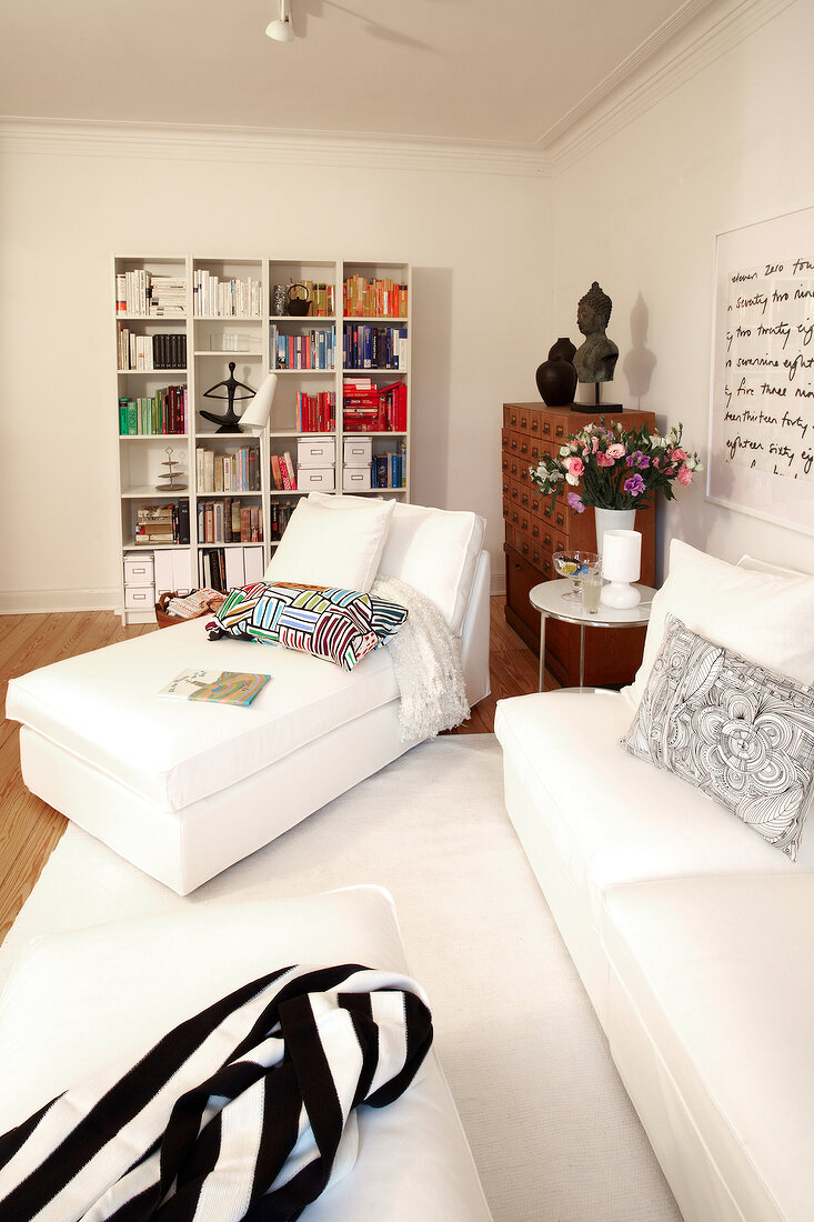 Living room with sofa, cushion, shelf and carpet