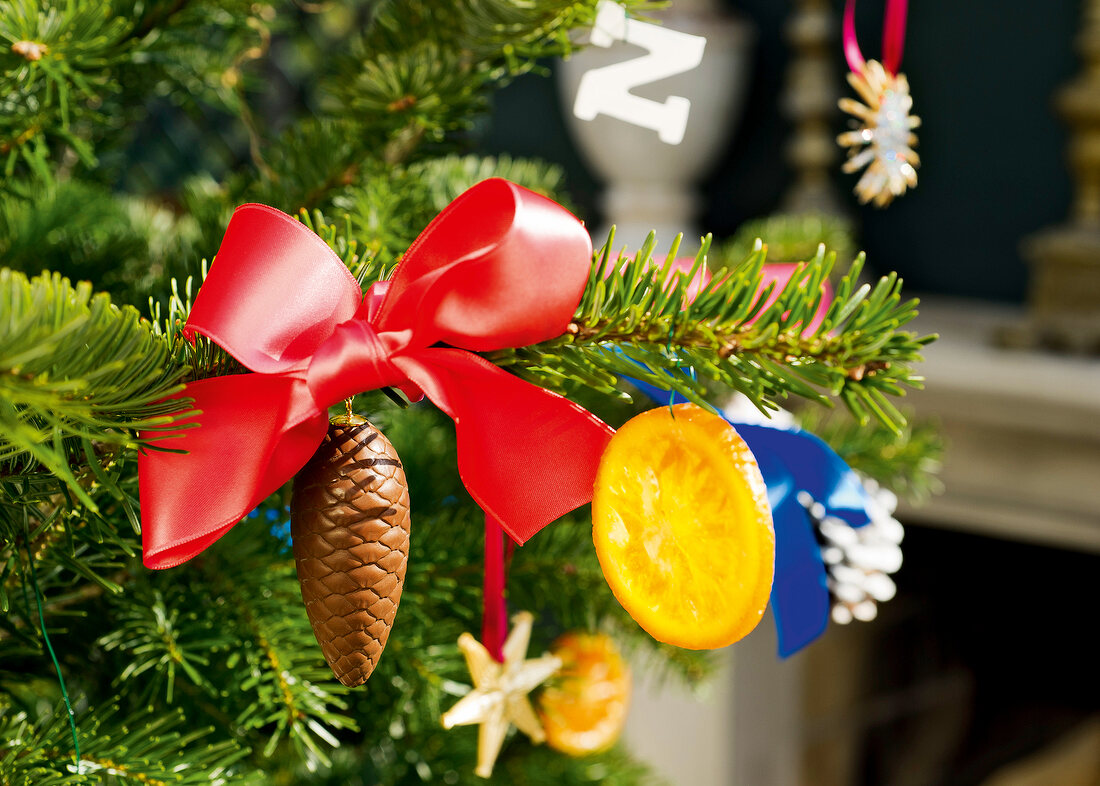 Weihnachtsbaum, Detail, geschmückt, Baumschmuck, Tannenzapfen