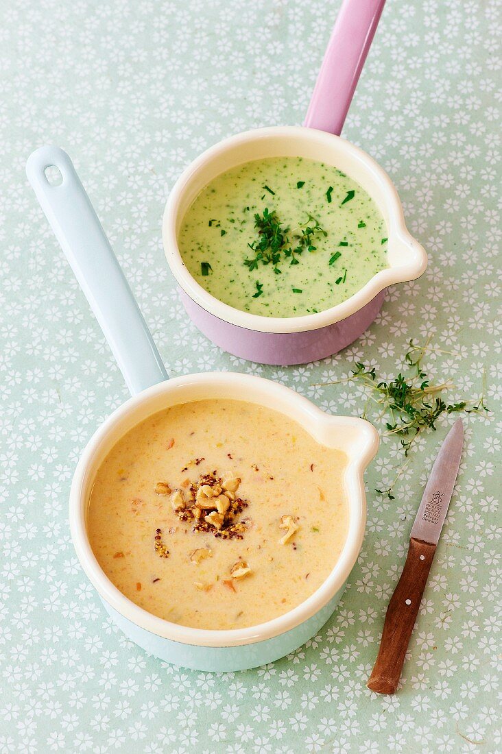 Herb soup and lentil soup with walnuts