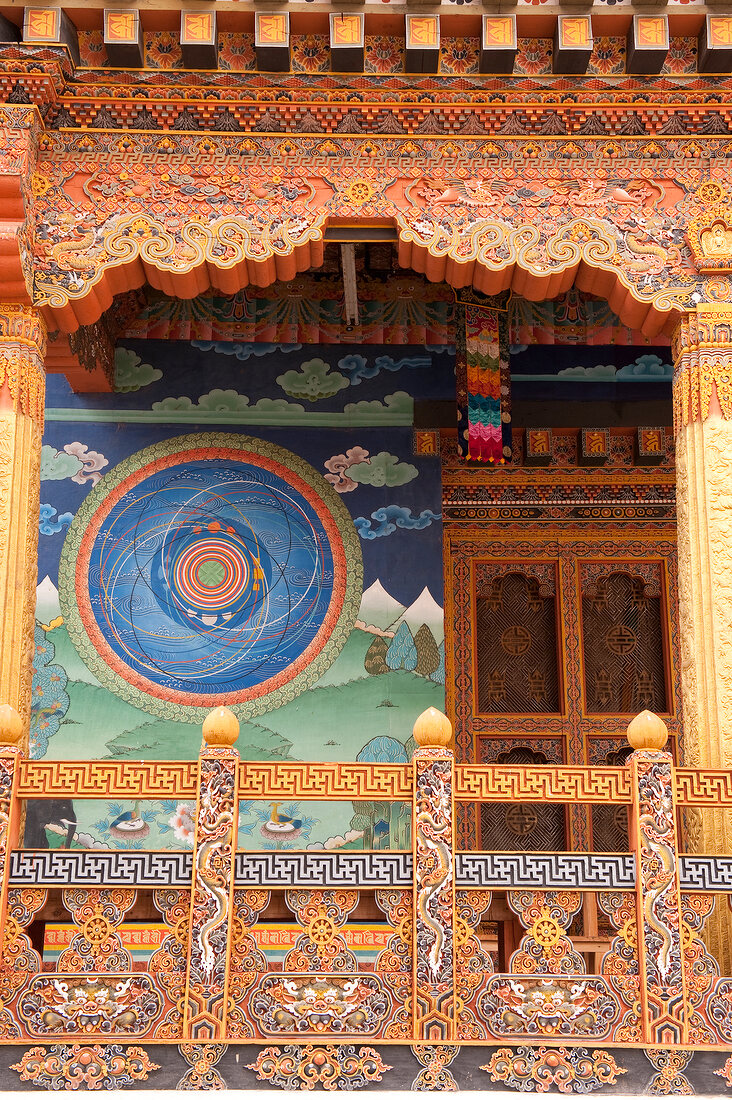 Punakha Dzong with mural paintings on wall, Bhutan