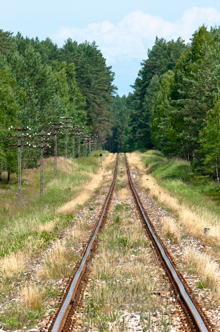 View of train track in Warmia-Masuria Masuria near Mikolajki, Poland