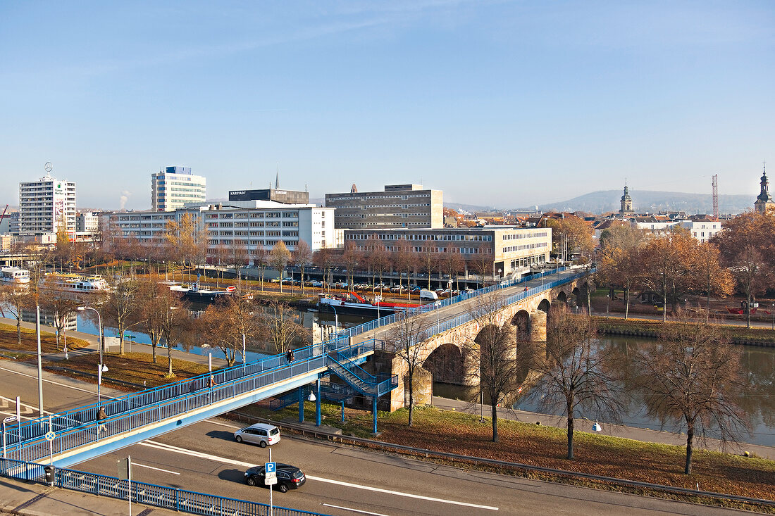Elevated view of old bridge and Berliner Promenade at Saarbrucken, Saarland, Germany