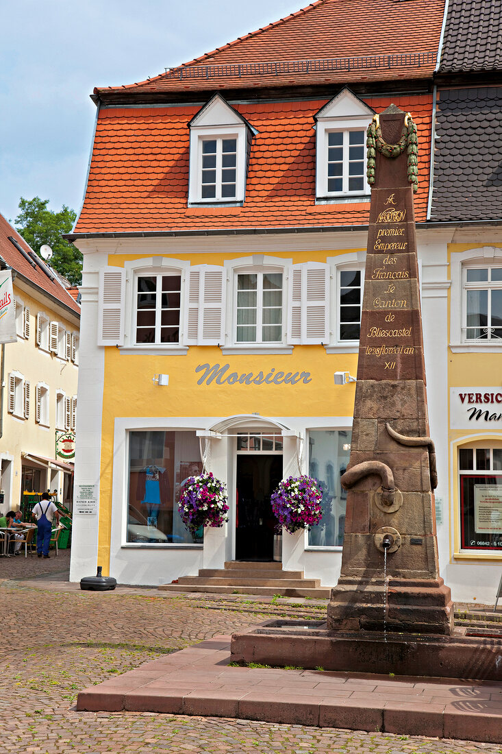 View of market place and Napoleon's Fountain in Blieskastel, Bliesgau, Saarland, Germany