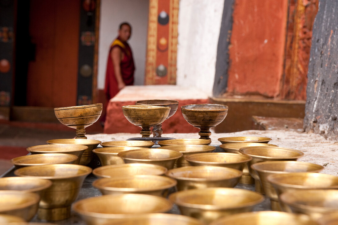 Close-up of chalices in Punakha Dzong, Bhutan
