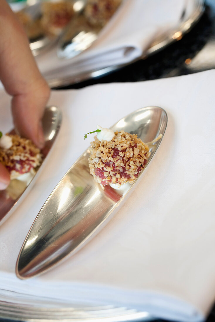 Sternerestaurant Erfort, Rindertatar mit Zwiebelcreme und Röstzwiebeln