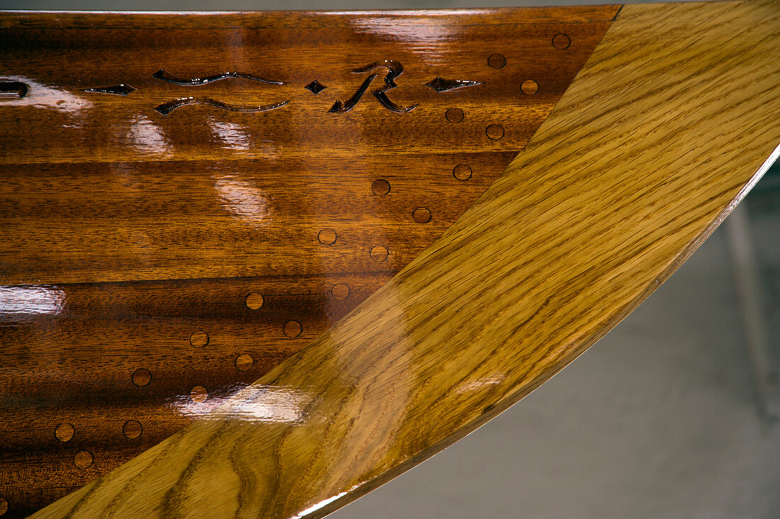 Close-up of wood with Sign of shipyard Rambeck on Lake Starnberg