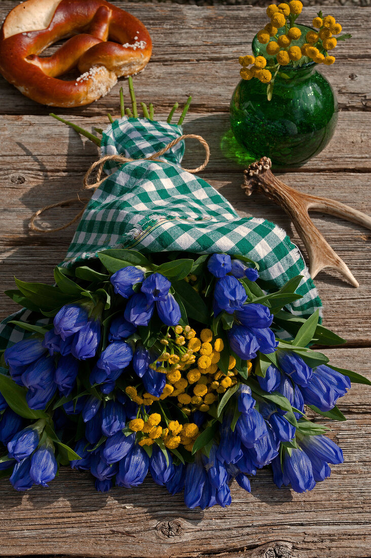 ein Blumenstrauß mit blauem Enzian und gelbem Rainfarn