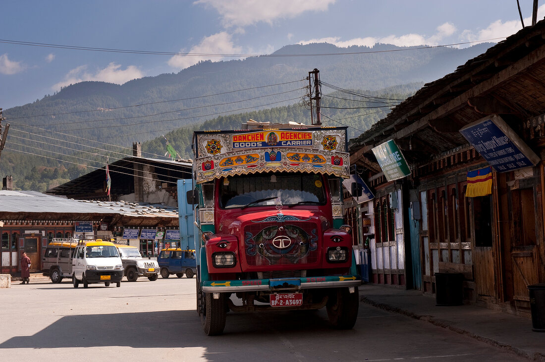 Truck in downtown at Bumthang, Bhutan