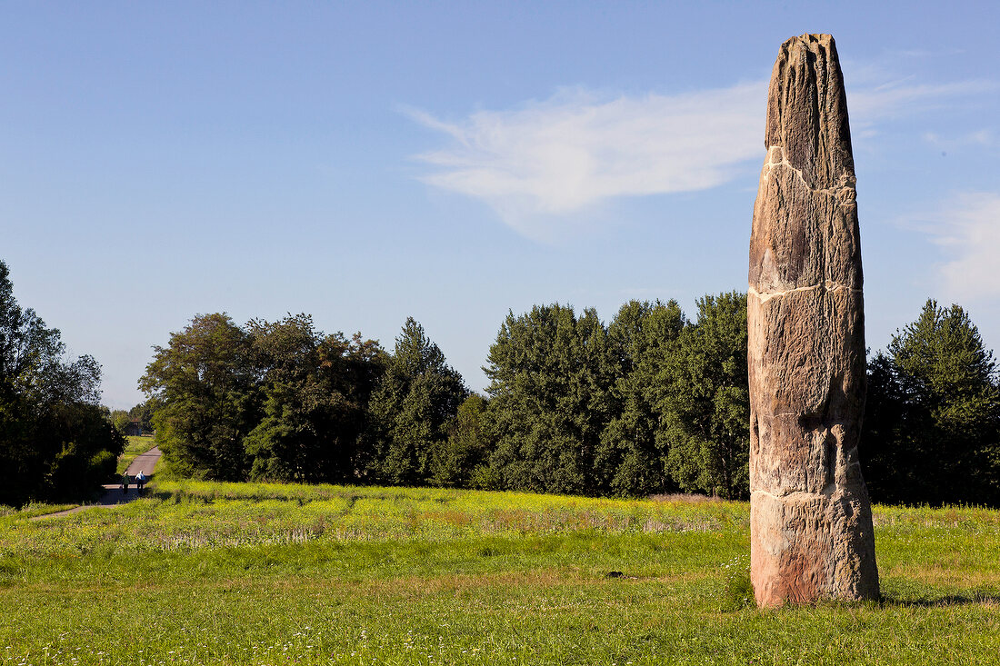 View of Gollenstein on meadow at Blieskastel, Bliesgau, Saarland, Germany