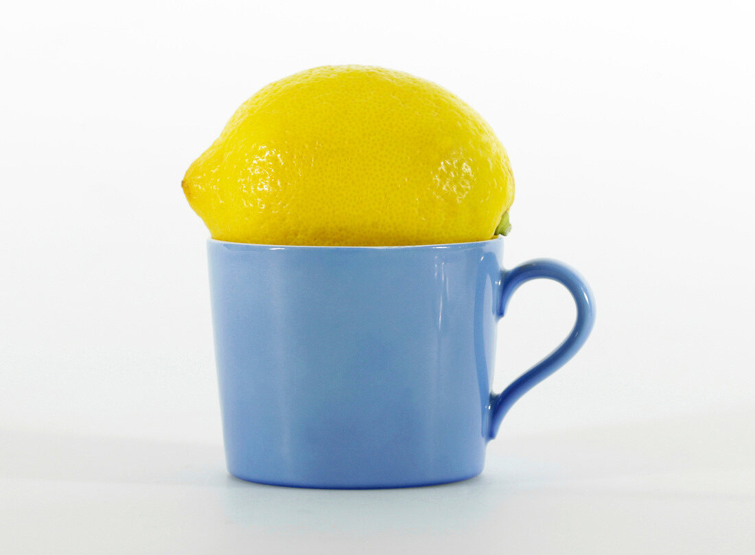 Lemon on top of blue ceramic cup on white background